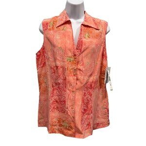 Joneswear Silk Sleeveless Button Up Top Floral Paisley Coral Career Vacation NWT